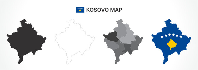 Fototapeta premium Detailed Kosovo Map Collection with Outline, Silhouette, Municipalities, and Flag Overlay Variations