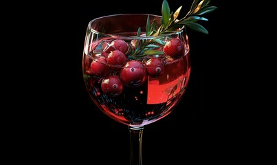 Elegant glass of cranberry cocktail garnished with fresh berries and a sprig of rosemary, set against a dark festive backdrop, evoking celebratory vibes
