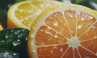Close-up of fresh citrus fruits with vibrant colors, water droplets, and lush green leaves, creating a refreshing and healthy visual.