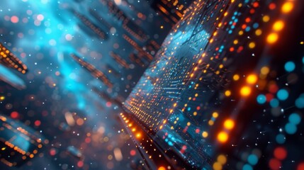 AI-generated dynamic illustration showcasing colorful light trails representing data flow in a futuristic digital environment. The abstract depiction symbolizes connectivity and technology.