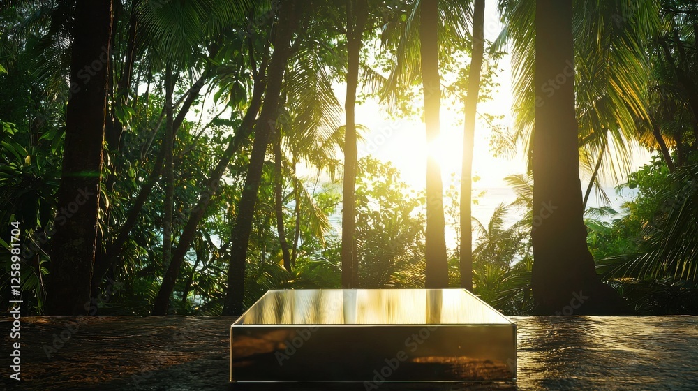Poster a wooden table with a shiny silver box on top of it