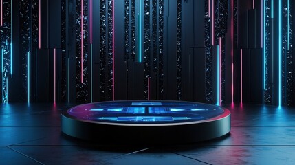 A futuristic scene with neon lights and a circular platform