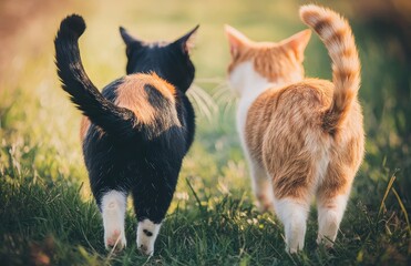 Obraz premium Warm spring garden path is shared by two striped cat lovers, whose tails intertwine as they walk side by side on a sunny day.