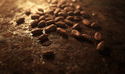 Close-up of cocoa beans scattered on a rustic brown surface, their rich textures and deep tones emphasized under warm light