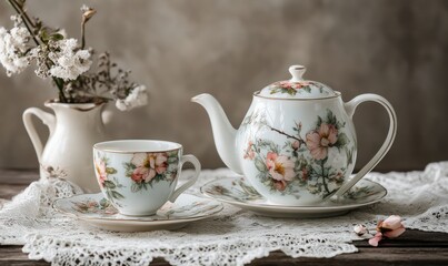 Fototapeta premium Elegant porcelain tea set with delicate floral patterns, placed on a rustic lace tablecloth, capturing vintage charm