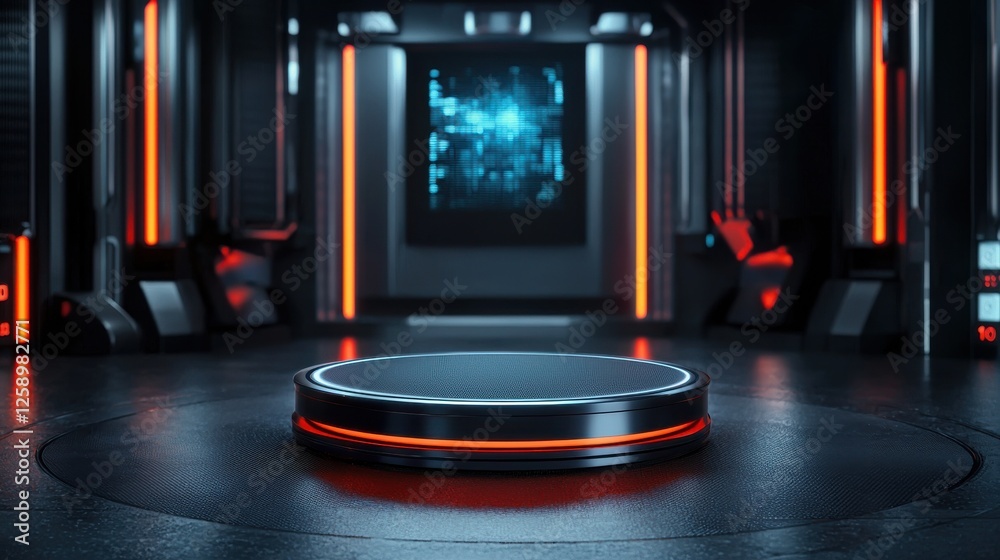 Poster a futuristic room with a large blue screen and a red circle in the center