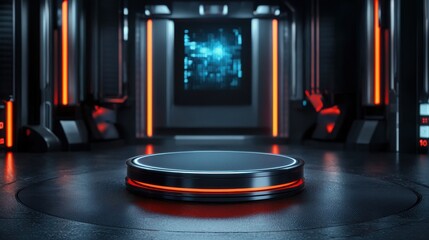 A futuristic room with a large blue screen and a red circle in the center