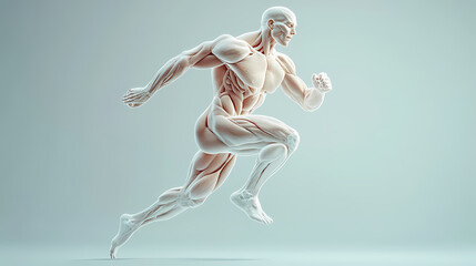 Digital rendering of a muscular human figure in a dynamic pose, illustrating motion and anatomy. Music-Fueled Worlds. Illustration