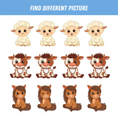 Find different animal picture in each row. Logical game for kids. Cartoon sheep, cow, horse. Vector illustration 