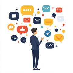 Business professional engaging with colorful digital communication icons