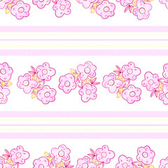 Seamless pattern illustration featuring a combination of floral motifs and horizontal lines, suitable for fabric design, wallpapers, kitchen textiles, and various digital backgrounds. Pink flowers