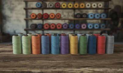 Colorful spools of thread arranged neatly on a wooden table, vibrant tones perfect for crafting and textile themes