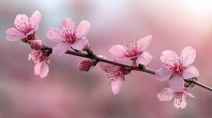 Naklejka premium Pink blossom branch, spring garden, soft focus background, floral greeting card