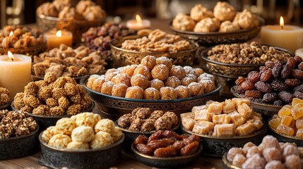 Fototapeta premium A vibrant display of assorted traditional sweets and snacks on decorative plates, with candles