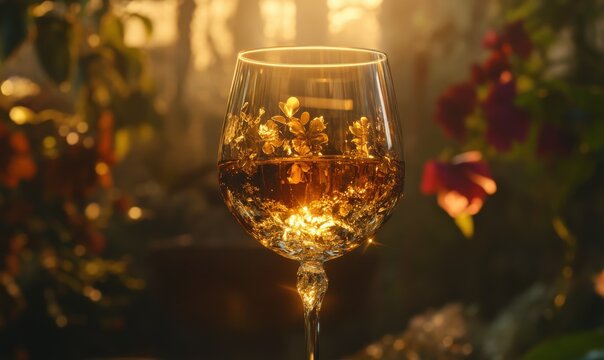 Elegant wine glass glowing with soft golden light, highlighting the richness and refinement of a luxurious lifestyle.