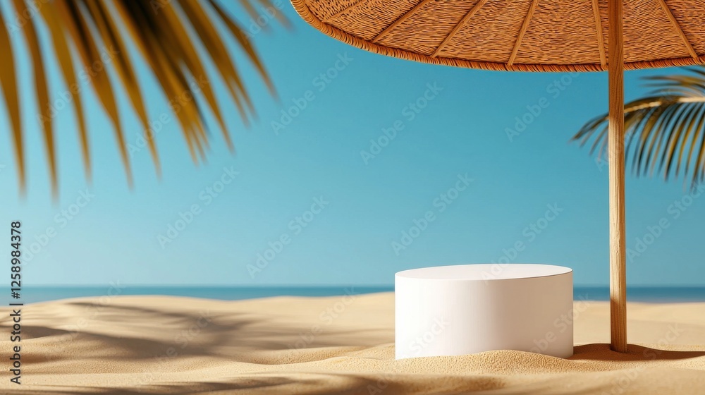 Poster a white pedestal is on a beach with a palm tree in the background