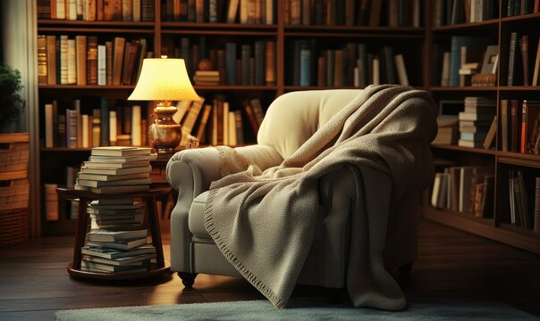 Cozy library corner with a soft armchair, a blanket draped over it, and stacks of books on a wooden side table, bathed in warm ambient light.