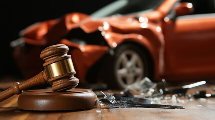 Car Accident Law and Justice: Gavel with Crashed Vehicle in Background