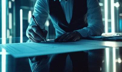 Focused architect drawing blueprints with precision tools on a sleek desk under clean, bright light.