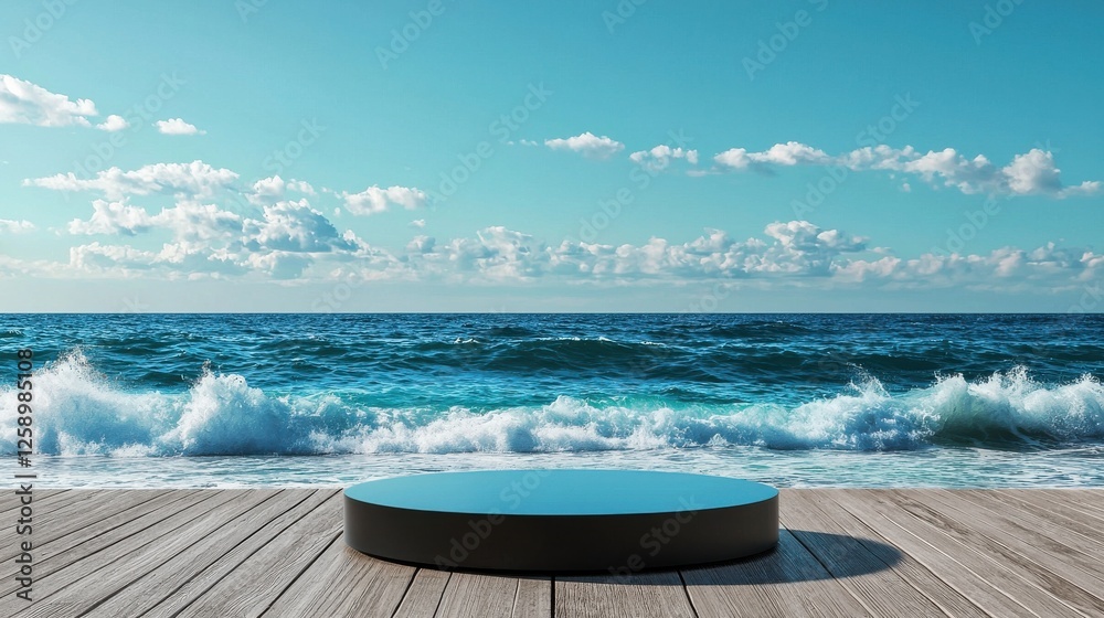 Poster a large round black object sits on a wooden platform overlooking the ocean