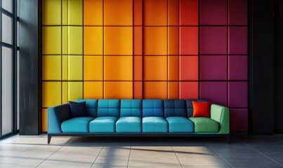 Sleek modern interior with a colorful wall of tufted fabric panels, combining textures and bold tones for a unique design element