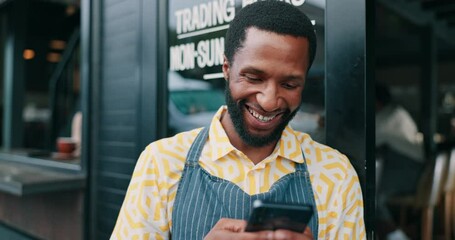Phone, waiter and smile with black man in cafe for restaurant promotion, social media post or chat. Hashtag campaign and customer engagement with barista in coffee shop for loyalty program sign up