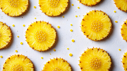 Pineapple slices arranged on a white surface, revealing the fruit's vibrant yellow flesh and spiky edges, scattered with tiny yellow dots.