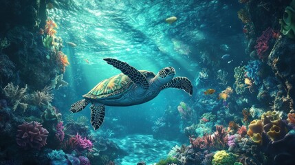 Obraz premium Sea turtle gracefully swims through vibrant coral reef, sunlit ocean scene.