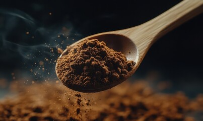 Rustic wooden spoon scooping ground coffee, warm tones and subtle textures showcasing artisanal craftsmanship