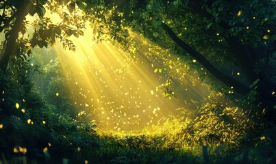 Golden rays of sunlight streaming through dense forest greenery, creating an ethereal and tranquil natural escape