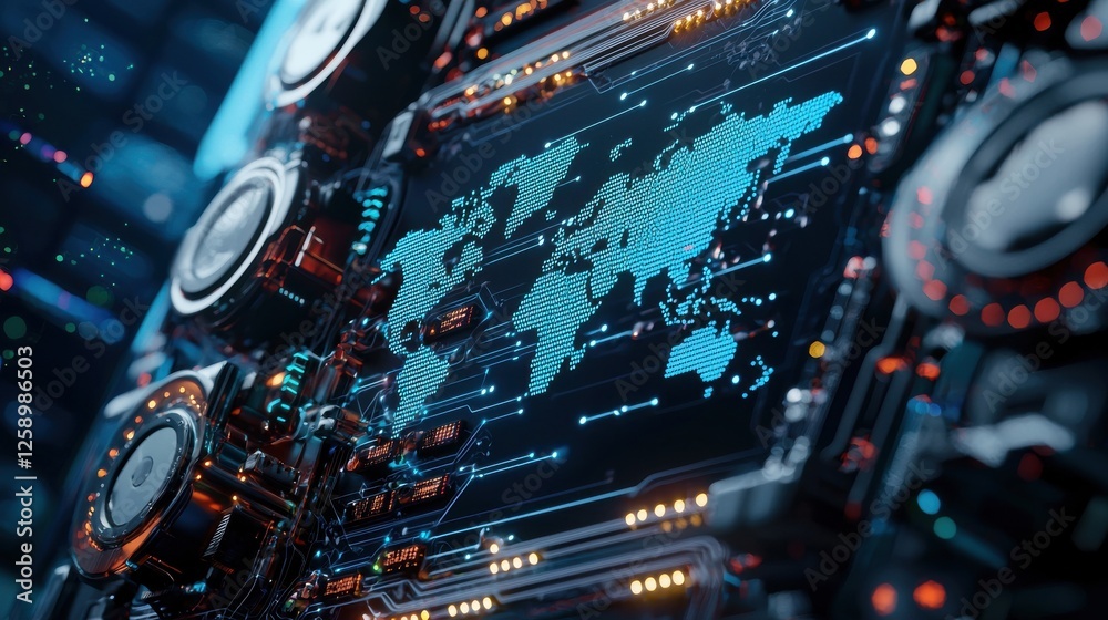 Aufkleber a computer monitor displays a blue and orange map of the world