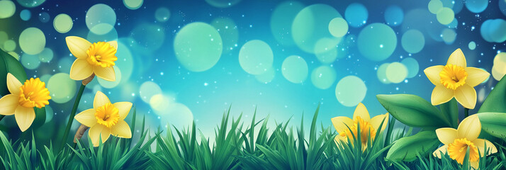 Obraz premium Bright yellow daffodils bloom in a serene garden setting