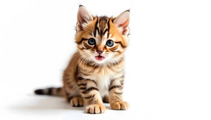 Obraz premium Cute Striped Kitten Sitting on White Background Looking at Camera