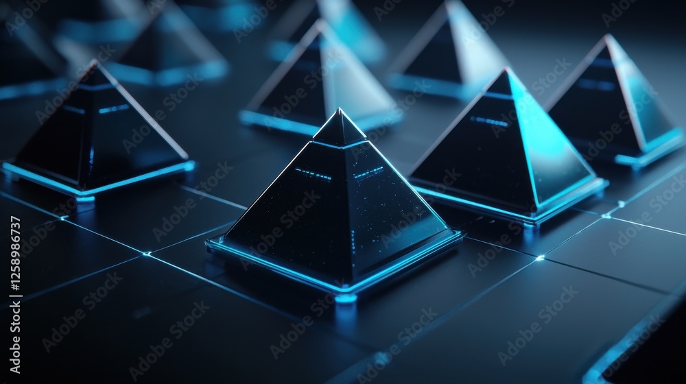 Poster a group of blue pyramids are arranged in a grid