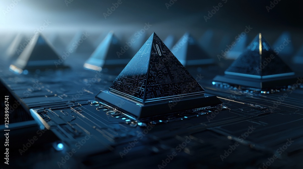 Poster a group of blue pyramids are arranged on a black background