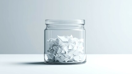 Modern glass tip jar filled with abstract currency symbols on a clean surface