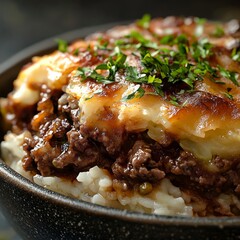 Close-up of a rice bowl with Greek moussaka and beef. Featuring a rich and layered dish. Highlighting the texture and flavors of the moussaka. Ideal for food and cultural themes.