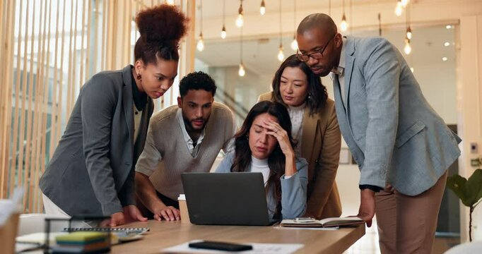 Stress, people and laptop with fail in office for investment decline, bad news and financial mistake. Group, staff and review online with proposal feedback, bankruptcy crisis and collaboration error