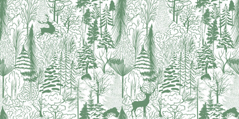 Monochrome green seamless background mixed forest and deer. pattern botanical illustration. hand drawing. Not AI Vector illustration.