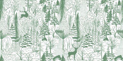 Monochrome green seamless background mixed forest and deer. pattern botanical illustration. hand drawing. Not AI Vector illustration.