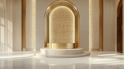 Elegant Golden Arch Interior Design with Marble Floor and Geometric Pattern Wall