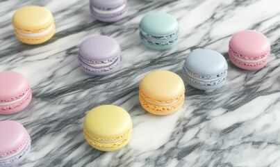 Obraz premium Vibrantly colored macarons neatly arranged on a marble surface, their pastel tones creating a delightful and elegant dessert presentation