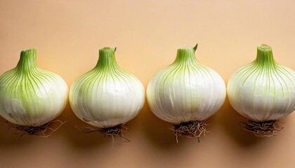 Obraz premium Freshly harvested onions lined up on a light background showcasing their textures and colors