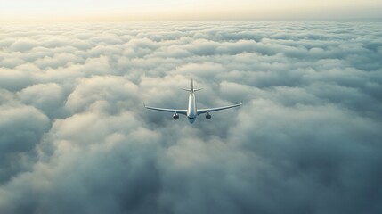 Obraz premium Airplane flying above a sea of clouds during sunset, showcasing a serene sky and horizon