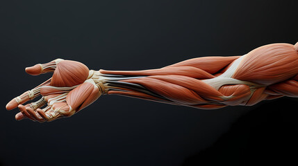 Detailed anatomical illustration of a human arm showcasing muscles and tendons in a dynamic pose for educational purposes. Music-Fueled Worlds. Illustration