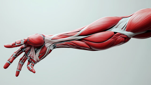 Detailed anatomical illustration of a human arm showcasing muscles and tendons in a dynamic pose for educational purposes. Music-Fueled Worlds. Illustration