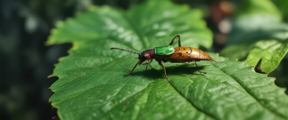colorful insect moving slowly on a green leaf surface, leaf surface, botanical scene, insect on leaf