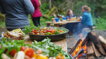 Obraz premium Rustic Camping Cookbook Scene – Freshly Prepared Outdoor Meals