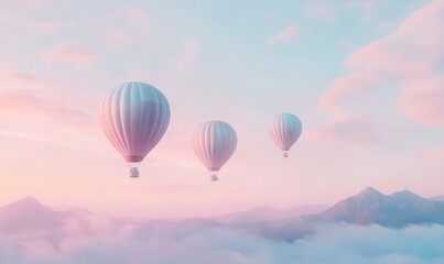 Fototapeta premium Whimsical air balloons floating in a gradient sky of pastel pinks and blues, creating a dreamy sense of adventure.