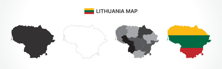 Detailed Lithuania Map Collection with Outline, Silhouette, Counties, and Flag Overlay Variations